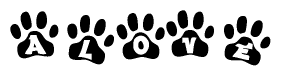 The image shows a row of animal paw prints, each containing a letter. The letters spell out the word Alove within the paw prints.