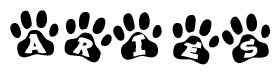 The image shows a series of animal paw prints arranged horizontally. Within each paw print, there's a letter; together they spell Aries