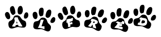 The image shows a series of animal paw prints arranged horizontally. Within each paw print, there's a letter; together they spell Alfred