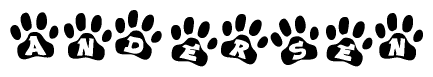 The image shows a row of animal paw prints, each containing a letter. The letters spell out the word Andersen within the paw prints.