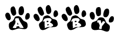 The image shows a row of animal paw prints, each containing a letter. The letters spell out the word Abby within the paw prints.