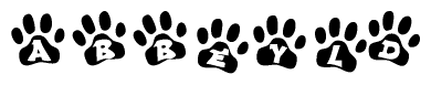 The image shows a row of animal paw prints, each containing a letter. The letters spell out the word Abbeyld within the paw prints.