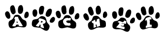 The image shows a series of animal paw prints arranged in a horizontal line. Each paw print contains a letter, and together they spell out the word Archei.