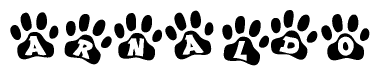 The image shows a series of animal paw prints arranged in a horizontal line. Each paw print contains a letter, and together they spell out the word Arnaldo.