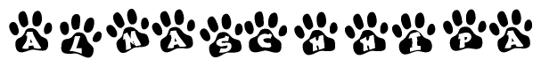 The image shows a series of animal paw prints arranged horizontally. Within each paw print, there's a letter; together they spell Almaschhipa