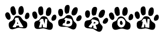 The image shows a series of animal paw prints arranged horizontally. Within each paw print, there's a letter; together they spell Andron