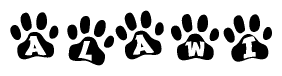 The image shows a row of animal paw prints, each containing a letter. The letters spell out the word Alawi within the paw prints.