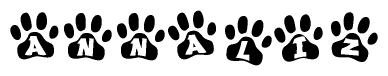 The image shows a row of animal paw prints, each containing a letter. The letters spell out the word Annaliz within the paw prints.