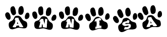 The image shows a series of animal paw prints arranged in a horizontal line. Each paw print contains a letter, and together they spell out the word Annisa.