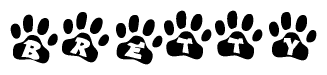 The image shows a series of animal paw prints arranged in a horizontal line. Each paw print contains a letter, and together they spell out the word Bretty.