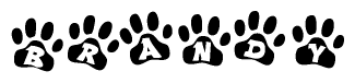 The image shows a series of animal paw prints arranged horizontally. Within each paw print, there's a letter; together they spell Brandy