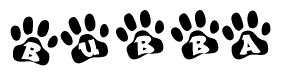 The image shows a series of animal paw prints arranged in a horizontal line. Each paw print contains a letter, and together they spell out the word Bubba.