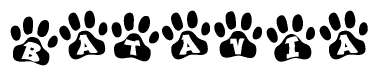 The image shows a row of animal paw prints, each containing a letter. The letters spell out the word Batavia within the paw prints.