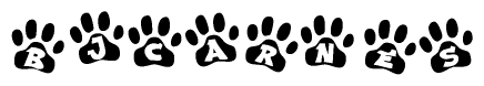 The image shows a row of animal paw prints, each containing a letter. The letters spell out the word Bjcarnes within the paw prints.