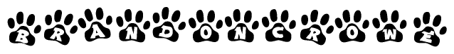 The image shows a row of animal paw prints, each containing a letter. The letters spell out the word Brandoncrowe within the paw prints.