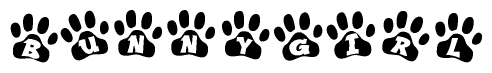 The image shows a series of animal paw prints arranged in a horizontal line. Each paw print contains a letter, and together they spell out the word Bunnygirl.