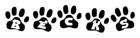 The image shows a series of animal paw prints arranged in a horizontal line. Each paw print contains a letter, and together they spell out the word Becks.