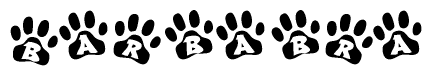 The image shows a row of animal paw prints, each containing a letter. The letters spell out the word Barbabra within the paw prints.
