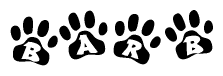 The image shows a row of animal paw prints, each containing a letter. The letters spell out the word Barb within the paw prints.