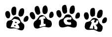 The image shows a series of animal paw prints arranged horizontally. Within each paw print, there's a letter; together they spell Bick