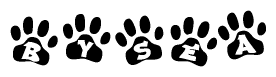The image shows a series of animal paw prints arranged in a horizontal line. Each paw print contains a letter, and together they spell out the word Bysea.