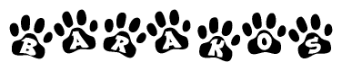 The image shows a series of animal paw prints arranged horizontally. Within each paw print, there's a letter; together they spell Barakos