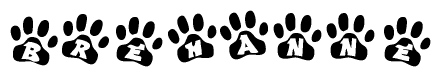 The image shows a row of animal paw prints, each containing a letter. The letters spell out the word Brehanne within the paw prints.