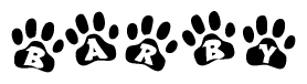 The image shows a row of animal paw prints, each containing a letter. The letters spell out the word Barby within the paw prints.