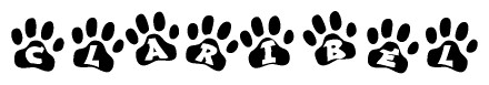 The image shows a series of animal paw prints arranged horizontally. Within each paw print, there's a letter; together they spell Claribel