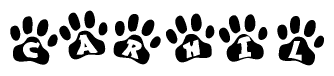 The image shows a row of animal paw prints, each containing a letter. The letters spell out the word Carhil within the paw prints.