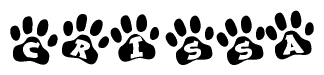 The image shows a series of animal paw prints arranged in a horizontal line. Each paw print contains a letter, and together they spell out the word Crissa.