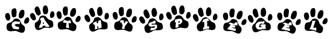 The image shows a series of animal paw prints arranged in a horizontal line. Each paw print contains a letter, and together they spell out the word Cathyspiegel.