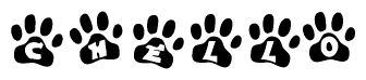 The image shows a series of animal paw prints arranged in a horizontal line. Each paw print contains a letter, and together they spell out the word Chello.