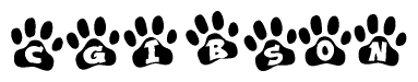 The image shows a series of animal paw prints arranged horizontally. Within each paw print, there's a letter; together they spell Cgibson