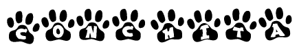 The image shows a series of animal paw prints arranged in a horizontal line. Each paw print contains a letter, and together they spell out the word Conchita.