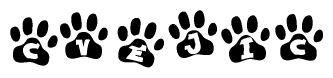The image shows a series of animal paw prints arranged horizontally. Within each paw print, there's a letter; together they spell Cvejic
