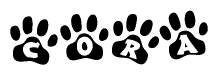 The image shows a row of animal paw prints, each containing a letter. The letters spell out the word Cora within the paw prints.