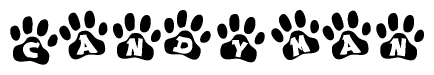 The image shows a series of animal paw prints arranged in a horizontal line. Each paw print contains a letter, and together they spell out the word Candyman.