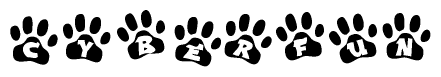 The image shows a series of animal paw prints arranged horizontally. Within each paw print, there's a letter; together they spell Cyberfun