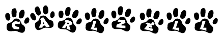 The image shows a series of animal paw prints arranged horizontally. Within each paw print, there's a letter; together they spell Carlzell