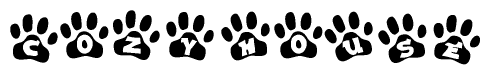 The image shows a series of animal paw prints arranged in a horizontal line. Each paw print contains a letter, and together they spell out the word Cozyhouse.