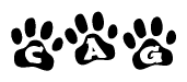 The image shows a series of animal paw prints arranged in a horizontal line. Each paw print contains a letter, and together they spell out the word Cag.