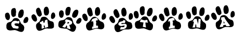 The image shows a series of animal paw prints arranged horizontally. Within each paw print, there's a letter; together they spell Christina