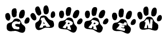 The image shows a row of animal paw prints, each containing a letter. The letters spell out the word Carren within the paw prints.