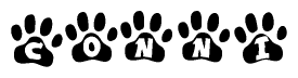 The image shows a series of animal paw prints arranged horizontally. Within each paw print, there's a letter; together they spell Conni