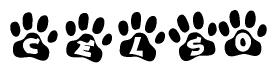 The image shows a row of animal paw prints, each containing a letter. The letters spell out the word Celso within the paw prints.