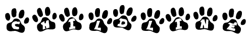 The image shows a row of animal paw prints, each containing a letter. The letters spell out the word Childline within the paw prints.