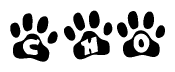 The image shows a series of animal paw prints arranged horizontally. Within each paw print, there's a letter; together they spell Cho