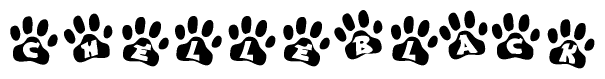 The image shows a series of animal paw prints arranged horizontally. Within each paw print, there's a letter; together they spell Chelleblack