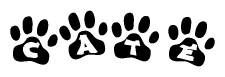 The image shows a series of animal paw prints arranged horizontally. Within each paw print, there's a letter; together they spell Cate